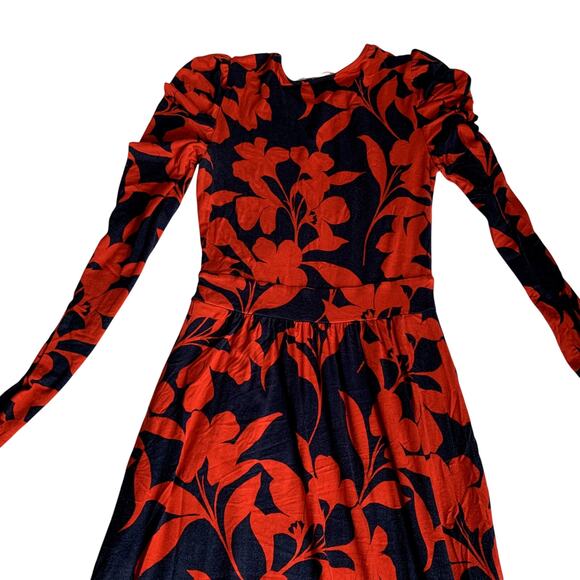 Boden Floral Red and Navy Puff Sleeve Blouson Jersey Midi Dress - Picture 1 of 10